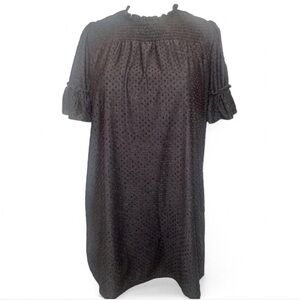 KƎ-NE-DIK  Black Swiss Dot Babydoll Mini Dress Smocked Bust, Ruffle  Medium